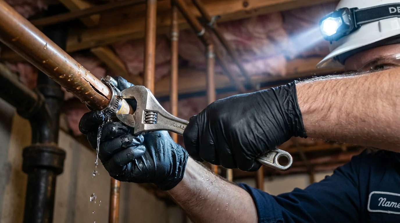 Emergency pipe clamp repair being performed by a Johns Plumbing LLC plumber in Keyser